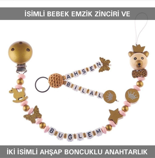 İsimli Bebek Emzik Zinciri Ve Iki İsimli Anahtarlık Seti