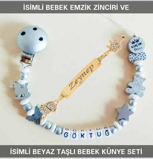 İsimli Bebek Emzik Zinciri Ve İsimli Bebek Künye Seti