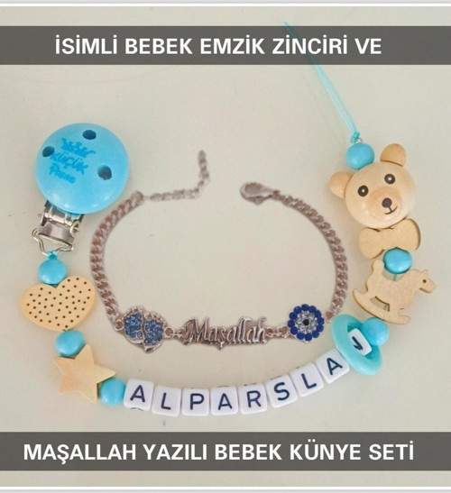 İsimli Bebek Emzik Zinciri Ve Maşallah Yazılı Bebek Künyesi Bezyı407