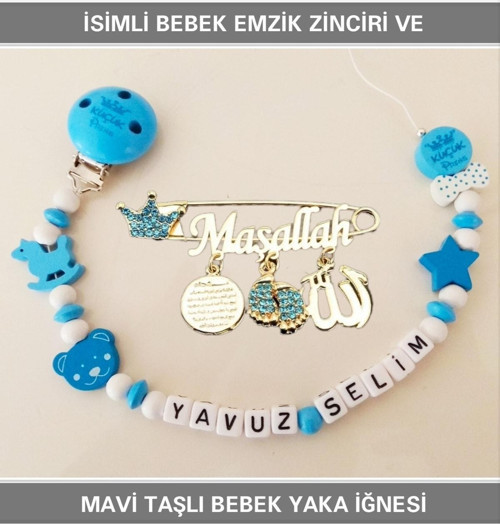 İsimli Bebek Emzik Zinciri Ve Mavi Taşlı Bebek Yaka Iğnesi