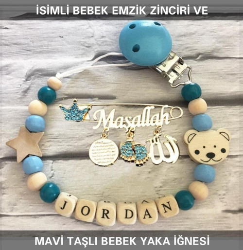 İsimli Bebek Emzik Zinciri Ve Mavi Taşlı Bebek Yaka Iğnesi