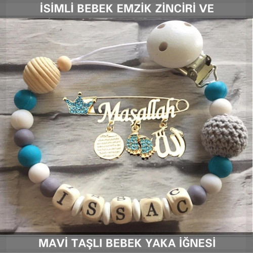 İsimli Bebek Emzik Zinciri Ve Mavi Taşlı Bebek Yaka Iğnesi