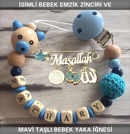 İsimli Bebek Emzik Zinciri Ve Mavi Taşlı Bebek Yaka Iğnesi