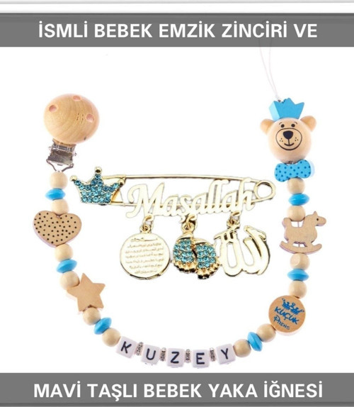 İsimli Bebek Emzik Zinciri Ve Mavi Taşlı Bebek Yaka Iğnesi