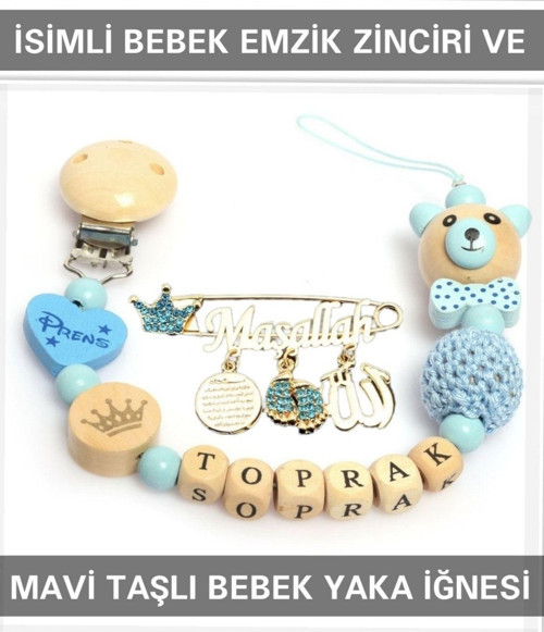İsimli Bebek Emzik Zinciri Ve Mavi Taşlı Bebek Yaka Iğnesi Bezyı001