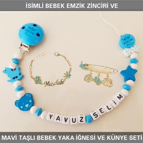 İsimli Emzik Zinciri Ve Yaka Iğnesi Ve Künye Seti Bezyı396
