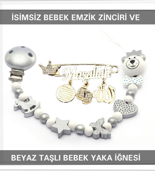 Isimsiz Bebek Emzik Zinciri Ve Beyaz Taşlı Bebek Yaka Iğnesi
