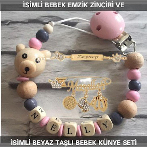 İsimli Bebek Emzik Zinciri ve İsimli Bebek Künye Seti BEZYI686