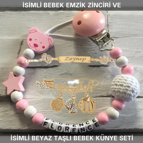 İsimli Bebek Emzik Zinciri ve İsimli Bebek Künye Seti BEZYI719