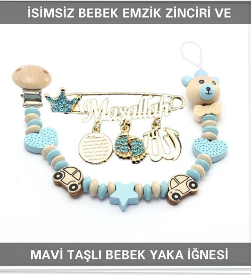 Isimsiz Bebek Emzik Zinciri Ve Mavi Taşlı Bebek Yaka Iğnesi