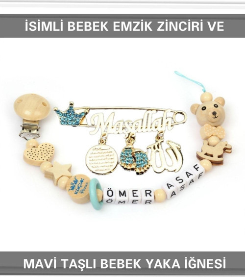 İsimli Bebek Emzik Zinciri Ve Mavi Taşlı Bebek Yaka Iğnesi Bezyı009