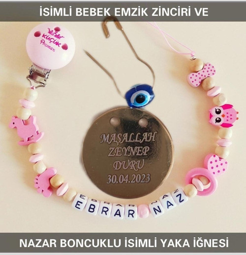 İsimli Bebek Emzik Zinciri Ve Nazar Boncuklu İsimli Yaka Iğnesi Bezyı341