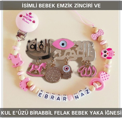 İsimli Bebek Emzik Zinciri Ve Pembe Mine Dolgulu Bebek Yaka Iğnesi