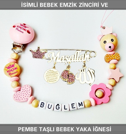 İsimli Bebek Emzik Zinciri Ve Pembe Taşlı Bebek Yaka Iğnesi