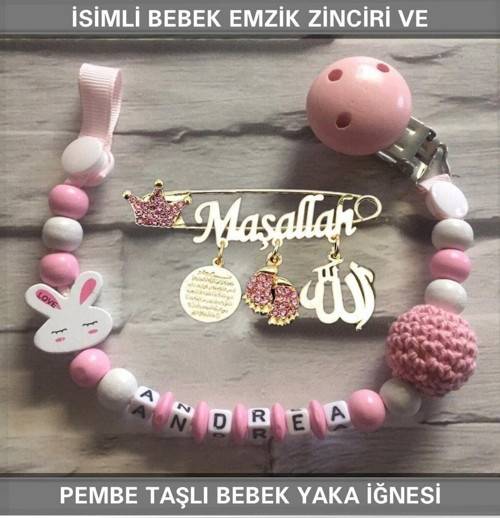 İsimli Bebek Emzik Zinciri Ve Pembe Taşlı Bebek Yaka Iğnesi