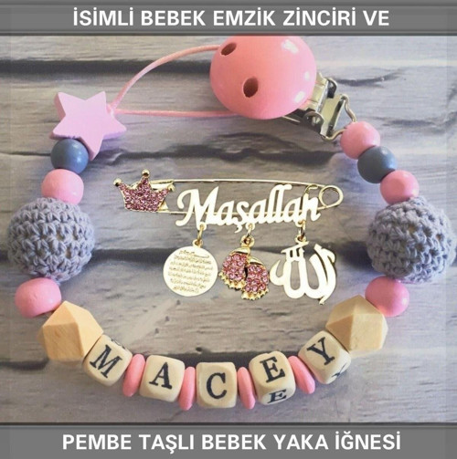İsimli Bebek Emzik Zinciri Ve Pembe Taşlı Bebek Yaka Iğnesi
