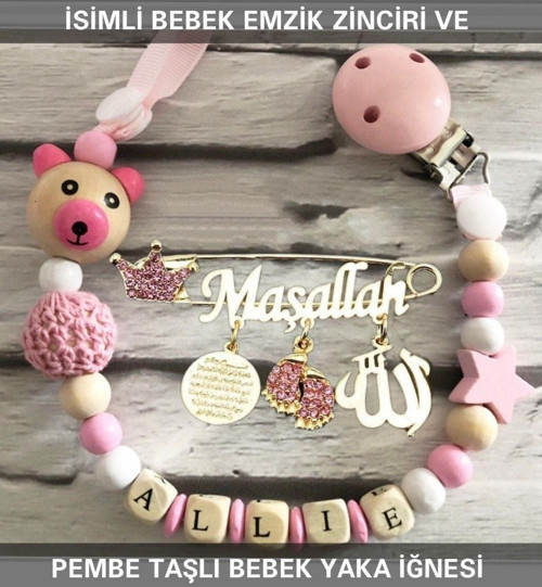 İsimli Bebek Emzik Zinciri Ve Pembe Taşlı Bebek Yaka Iğnesi