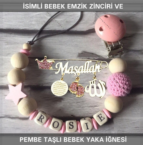 İsimli Bebek Emzik Zinciri Ve Pembe Taşlı Bebek Yaka Iğnesi