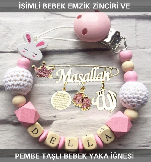 İsimli Bebek Emzik Zinciri Ve Pembe Taşlı Bebek Yaka Iğnesi