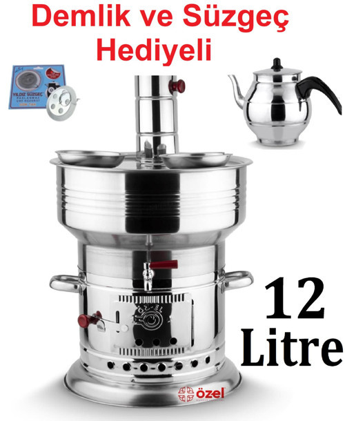 12 Litre Paslanmaz Krom Odunlu Kömürlü Çay Semaveri Odunlu Kömürlü Semaver DEMLİK HEDİYELİ 12+1 Lt