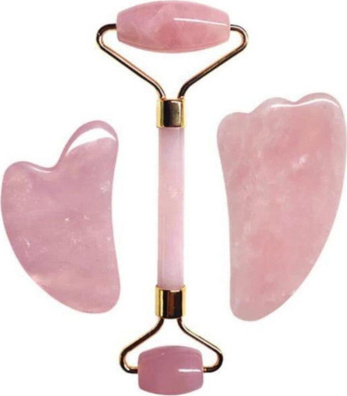 Özel Saklama Kutusunda Pembe Kuvars Roller Ve 3'lü Gua Sha Seti