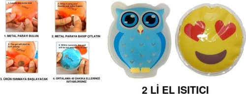 Kalp Emoji Mavi Baykuş Cep Sobası,El Isıtıcı,2 Adet Sıcak Su Torbası Pvc 9Cm
