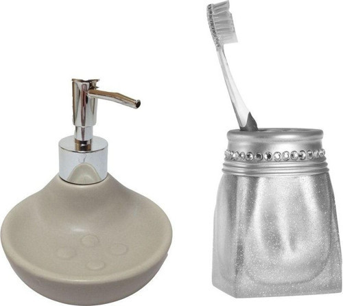 Sıvı Sabunluk,Diş Fırçalık 2 Li Banyo Seti,Taşlı Gümüş