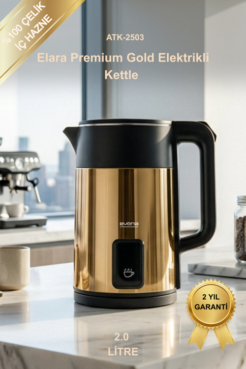 Kettle Çelik Elektrikli Su Isıtıcısı Büyük Hacimli 2.0 Litre Modern Şık Tasarım Elara