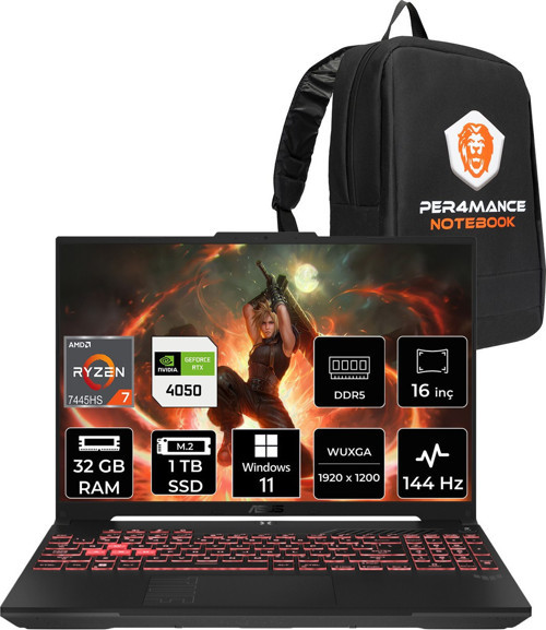 Tuf A16 Amd Ryzen 7 7445HS 32GB 1tb SSD RTX4050/6GB 140W 16" Fhd+ 144Hz W11H Taşınabilir Bilgisayar & Per4 Çanta FA607NU