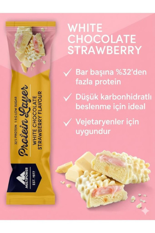 Multipower Protein Layer Bar 18 Adet - Beyaz Çikolata & Çilek Aromalı - Düşük Şeker 2
