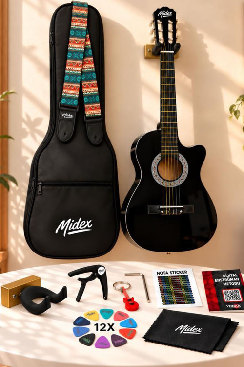 CG-395BK Siyah Klasik Gitar 4/4 Sap Ayarlı Kesik Kasa Full Set (Çanta Askı Pena)