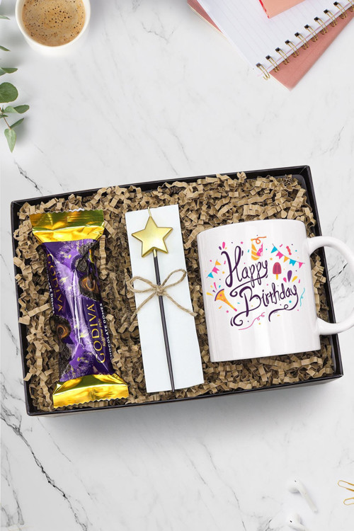 Happy Birthday Baskılı Kupa & Doğum Günü Yıldız Mum & Godiva 30Gr Domes Çikolata Hediye Seti