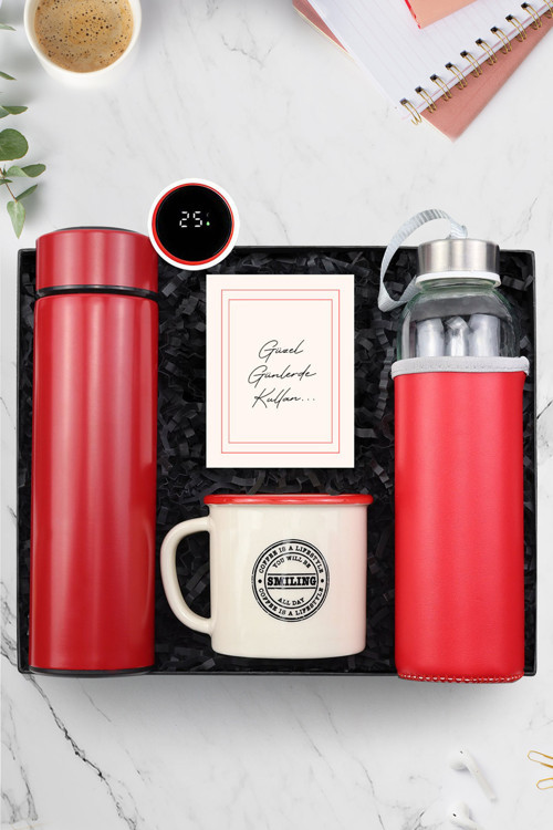 Kırmızı 500Ml Dereceli Termos & Deri Kılıf 500 Ml Kırmızı Matara & Kırmızı Vintage Kupa Hediye Seti