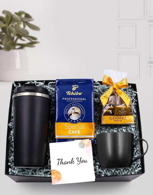 Siyah Termos & Siyah Kupa & Godiva Napoliten Çikolata & Tchibo Special Filtre Kahve Hediye Seti