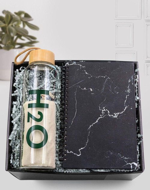 Mermer Desenli Defter & Bambu Kapaklı Cam Matara Hediye Seti
