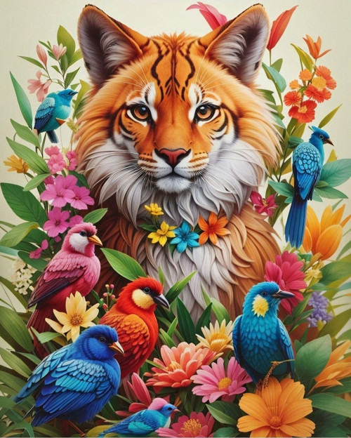 Renkli Baskılı Sayılarla Boyama Hobi Seti (Çerçeveli) 40X50 Cm: Kaplan Ve Kuşlar