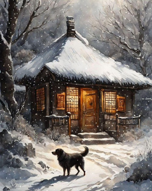 Renkli Baskılı Sayılarla Boyama Hobi Seti (Çerçeveli) 40X50 Cm: Kış Evi