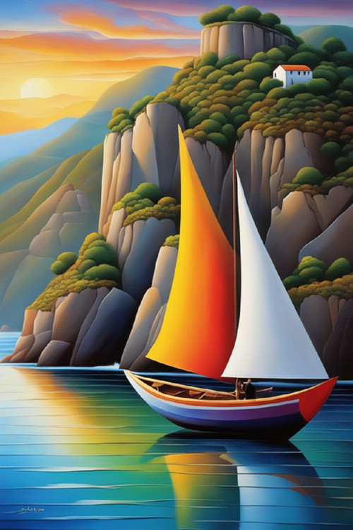 Renkli Baskılı Sayılarla Boyama Hobi Seti (Çerçeveli) 50X65 Cm: Renkli Yelkenli