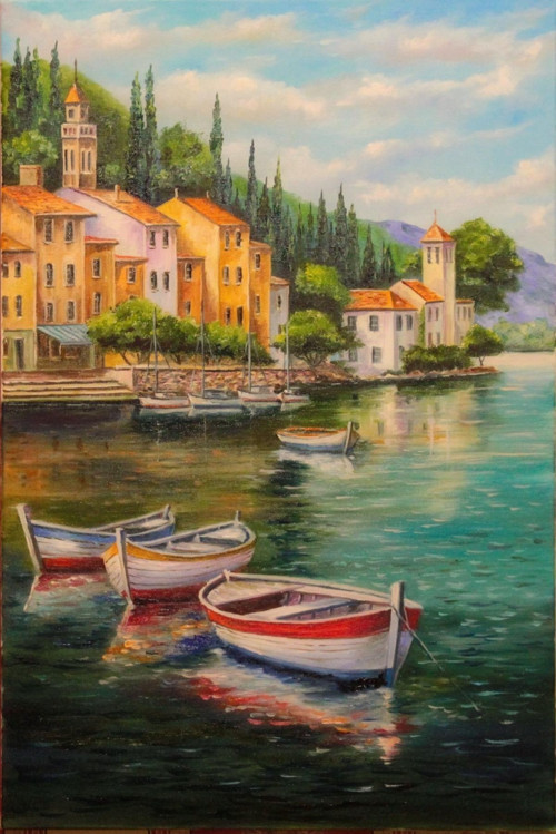 Renkli Baskılı Sayılarla Boyama Hobi Seti (Çerçeveli) 50X65 Cm: Sahilde Tekneler