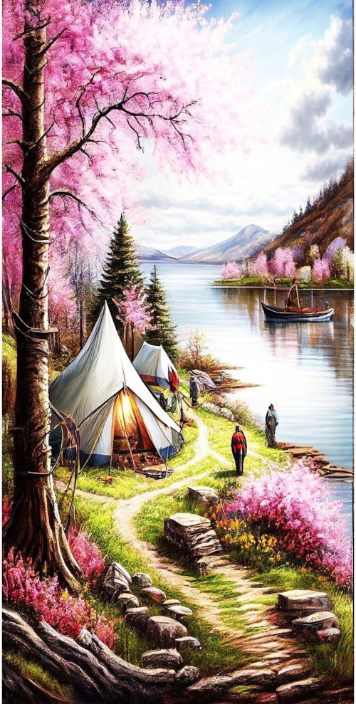 Renkli Baskılı Sayılarla Boyama Hobi Seti (Çerçeveli) 60X75 Cm: Pembe Manzara