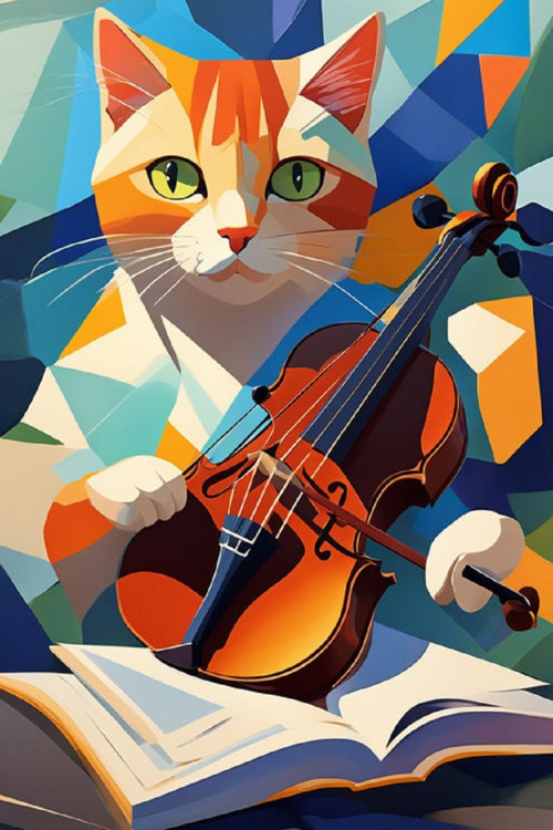 Renkli Baskılı Sayılarla Boyama Hobi Seti (Çerçeveli) 50X65 Cm: Müzisyen Kedi