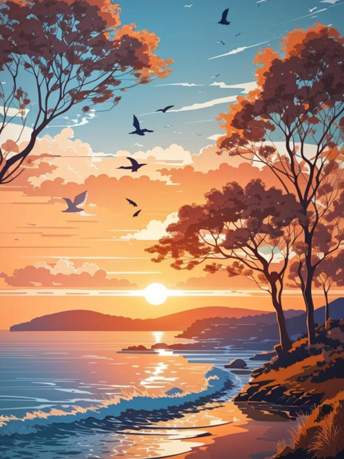 Renkli Baskılı Sayılarla Boyama Hobi Seti (Çerçeveli-Büyük Boy) 80X100 Cm: Gün Batımı Ve Kuşlar
