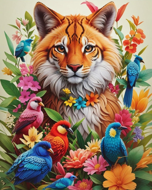 Renkli Baskılı Sayılarla Boyama Hobi Seti (Çerçeveli-Büyük Boy) 80X100 Cm: Kaplan Ve Kuşlar