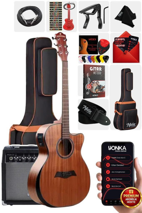 M450-EQ-AMP Profesyonel Masif Ağaç Amfili Elektro Akustik Gitar Seti üst Segment