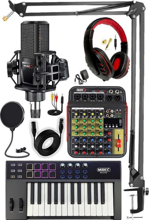 Stüdyo Ekipmanları Midi Live Paket-2 Ses Kartlı Mikser Midi Klavye MX-2020 Mikrofon Kulaklık