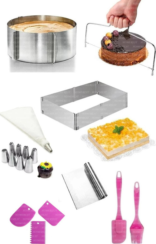 10 Adet Pasta Kek Seti, Ayarlanabilir Kalıplar, Kesme Teli, Krema Torbası, Kesici Ve Şekillendirici