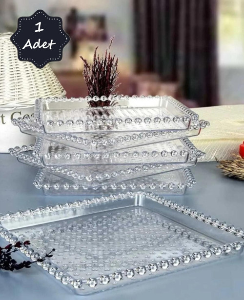Kristal Kare Plastik Boncuklu Şeffaf Sunum Servis Tepsisi, Kristal Kahve Çay Tepsisi Tabağı