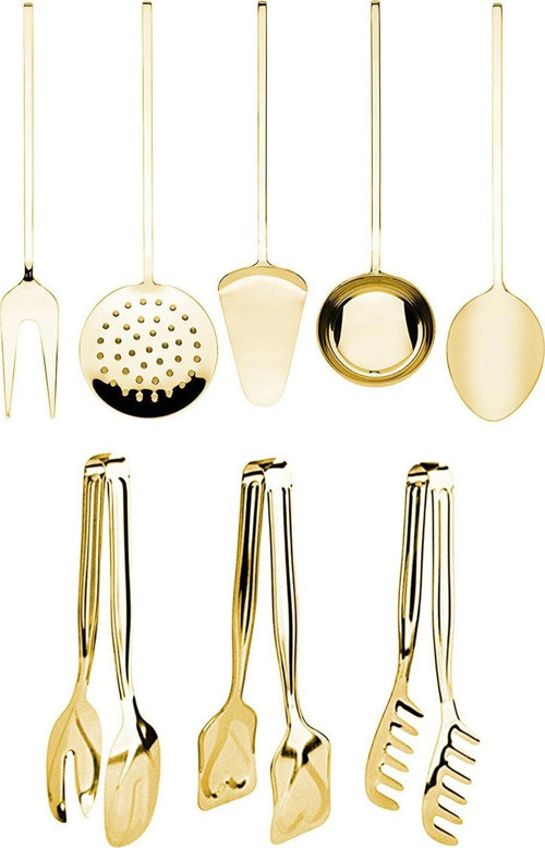 Yüksek Kalite Gold 8 Parça Servis Sunum; Makarna, Pasta, Salata Altın Maşa Seti Ve Kepçe Takımı 23Cm