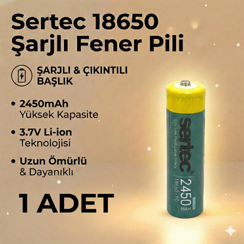 18650 1C Şarjlı Pil 2450mAh Çıkıntılı Başlıklı Fener Pili 3.7V Li-ion