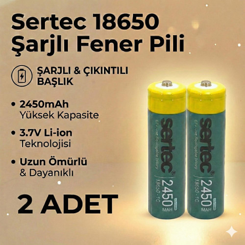 18650 1C Şarjlı Pil 2450mAh Çıkıntılı Başlıklı Fener Pili 3.7V Li-ion 2li